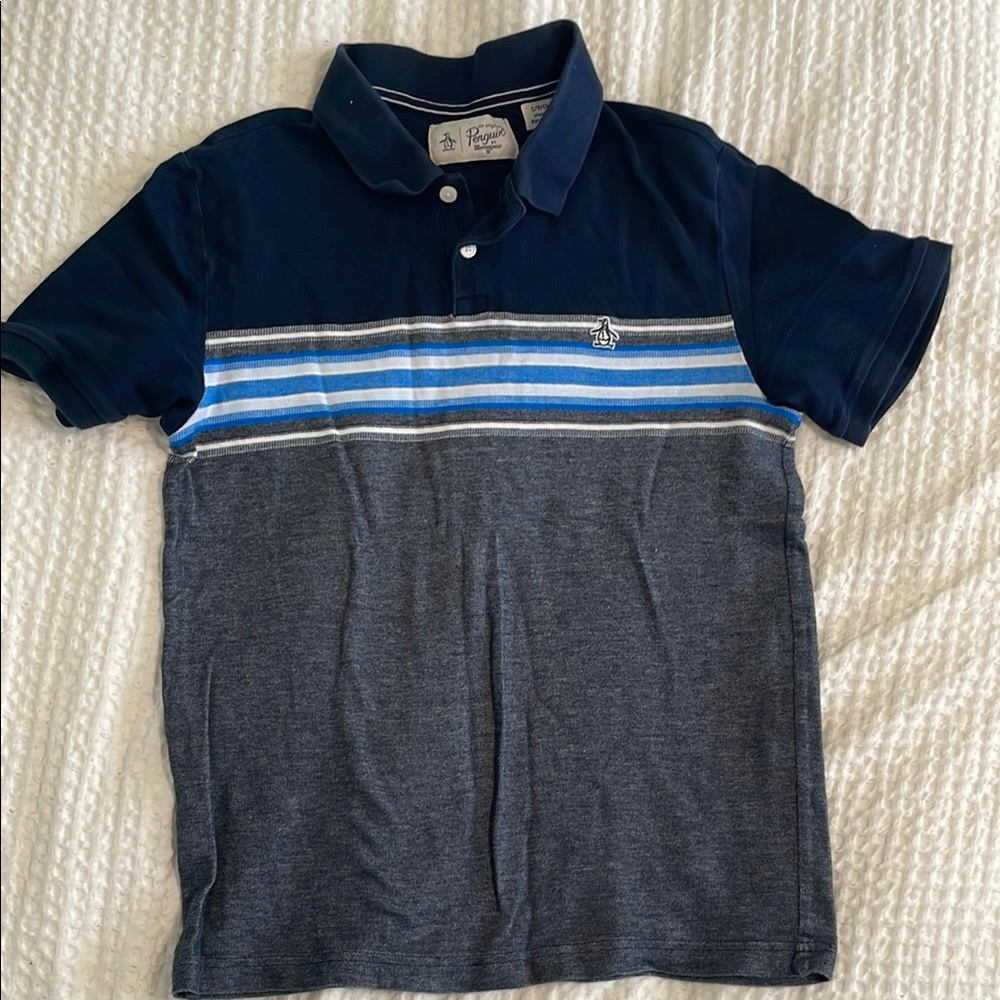 Original Penguin Navy and Gray Striped Polo with Blue Accents